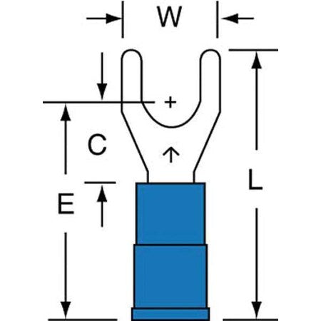 Fork Terminal, #10 Stud Size, 14 AWG, 600 V, Nylon Insulated, Blue, Crimp Termination Only, 1000 PK