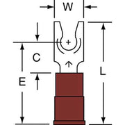 Fork Terminal, #6 Stud Size, 18 AWG, 600 V, Nylon Insulated, Red, Crimp Termination Only, 1000 PK