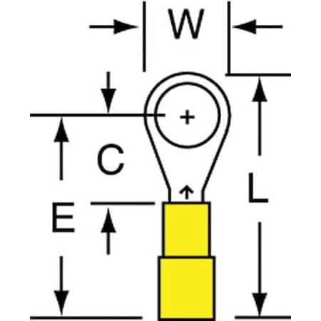 Ring Terminal, #6 Stud Size, 24 AWG, 1,000 V, Nylon Insulated, Yellow, Crimp Termination Only