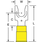 Fork Terminal, 1/4 in Stud Size, 10 AWG, 600 V, Nylon Insulated, Yellow, Crimp Termination Only