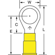 Ring Terminal, 3/8 in Stud Size, 10 AWG, 600 V, Vinyl Insulated, Yellow, Crimp Termination Only