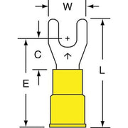 Fork Terminal, #8 Stud Size, 10 AWG, 600 V, Vinyl Insulated, Yellow, Crimp Termination Only, 500 PK