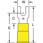 Fork Terminal, #6 Stud Size, 10 AWG, 600 V, Vinyl Insulated, Yellow, Crimp Termination Only, 500 PK
