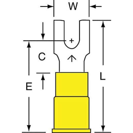 Fork Terminal, #6 Stud Size, 10 AWG, 600 V, Vinyl Insulated, Yellow, Crimp Termination Only, 500 PK