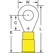 Ring Terminal, 1/4 in Stud Size, 10 AWG, 1,000 V, Nylon Insulated, Yellow, Crimp Termination Only
