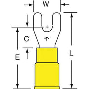 Fork Terminal, #6 Stud Size, 10 AWG, 600 V, Vinyl Insulated, Yellow, Crimp Termination Only, 500 PK