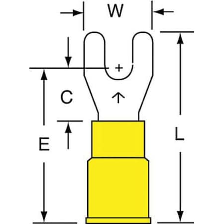 Fork Terminal, #6 Stud Size, 10 AWG, 600 V, Vinyl Insulated, Yellow, Crimp Termination Only, 500 PK