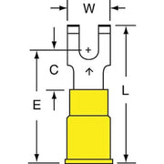 Fork Terminal, #8 Stud Size, 10 AWG, 600 V, Nylon Insulated, Yellow, Crimp Termination Only, 500 PK