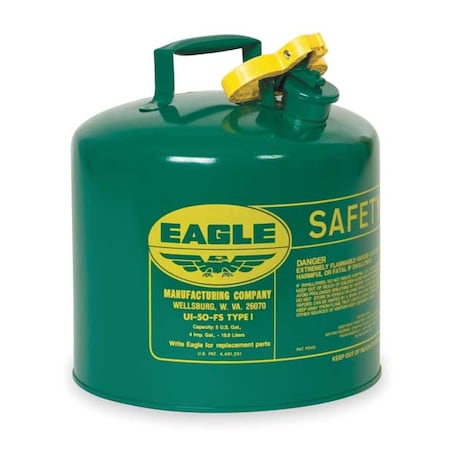 Type I Safety Can, Galvanized Steel, 5 gal, Green, 9 in Dia., Self-Closing Lid, Combustibles