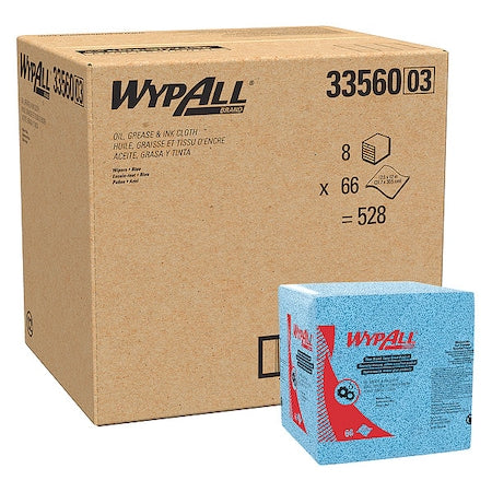 WypAll Oil, Grease & Ink Cloths (33560), Quarterfold, Lint-Free, Blue (66 Sheets/Pack, 8 Packs/Case)