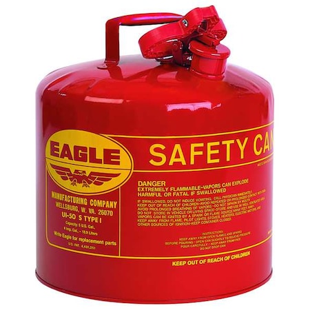 Type I Safety Can, Galvanized Steel, 5 gal, Flame Arrestor, Squeeze Handle, Red, Flammables