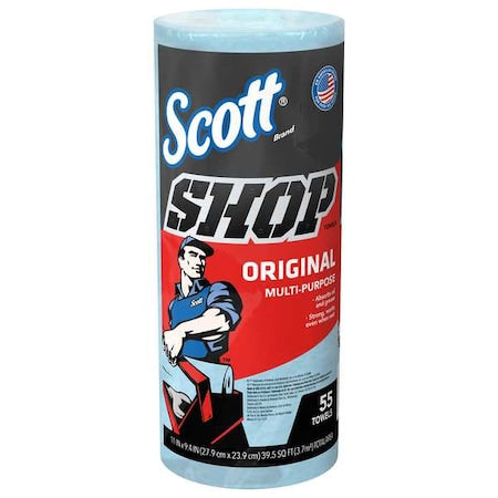 Scott Shop Paper Towel Roll, 11 in x 10.4 in Sheet, 55 Sheets/Roll, Multi-Purpose, Blue, 12 Pack
