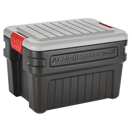 Attached Lid Tote, 24 gal Volume Cap., 26 in L, 18 1/2 in W, 17 in H, Plastic, Black/Red