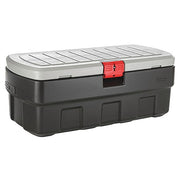 Attached Lid Tote, 48 gal Volume Cap., 44 1/4 in L, 20 5/8 in W, 17 1/4 in H, Plastic, Black/Red