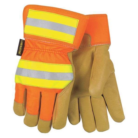 Hi-Vis Cold Protection Gloves, Pigskin Palm, Safety Cuff, Gold, HiVis Orange and Yellow, 1 PR