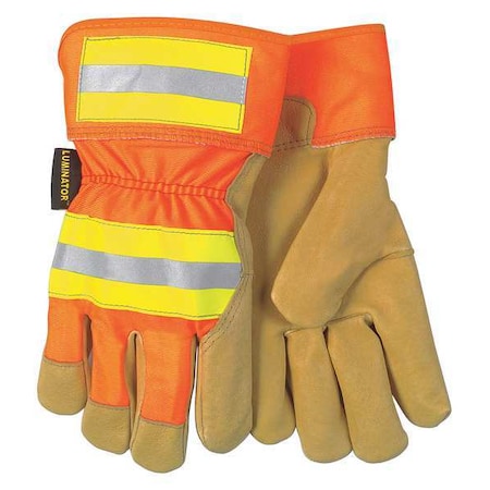 Leather Gloves, Pigskin, Safety Cuff, Wing Thumb, Full Finger, Gold, HiVis Orange and Yellow, S