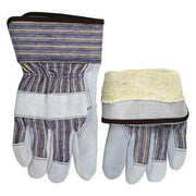 Leather Gloves, Cowhide, Safety Cuff, Wing Thumb, Gray (Palm), Blue/Yellow/Black Stripe (Fabric), L