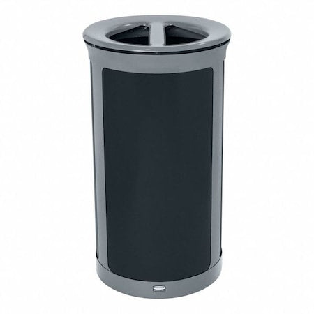 33 gal Round Recycling Bin, Flat with Top Opening, Gray, 2 Openings