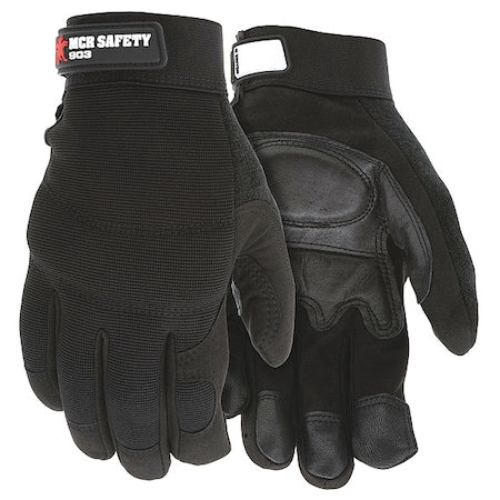 Mechanics Gloves, Goatskin, Nylon, Spandex(R), Hook-and-Loop Cuff, Wing Thumb, Full Finger, Black