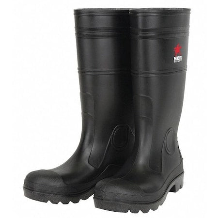 PVC Plain Toed Boots, Plain Toe, PVC, 14 in Height, Pull On Closure, Cleated Sole, Black, 7