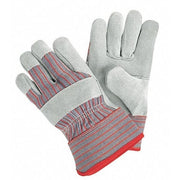 Leather Palm Gloves, Cotton Canvas, Safety Cuff, Wing Thumb, Gray Palm, Gray and Red Stripped Back