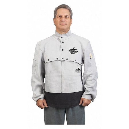 Welding Cape Sleeve, Leather, 32 oz/sq yd, 26 in Length, Snap Closure, 2 Pockets, Gray, 2XL