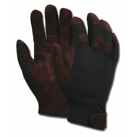Mechanics Gloves, Cowhide, Spandex(R), Hook-and-Loop Cuff, Full Finger, Black/Brown, S, 12 PK