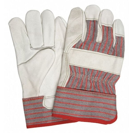 Leather Gloves, Cowhide, Safety Cuff, Wing Thumb, Full Finger, Beige, L, 12 PK