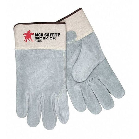 Leather Gloves, Cowhide, Safety Cuff, Wing Thumb, Full Finger, Gray, L, 12 PK