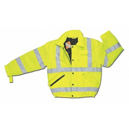 Hi-Vis Bomber Jacket, Polyurethane/Polyester, Class 3 Type R, Fluorescent Lime, Xl