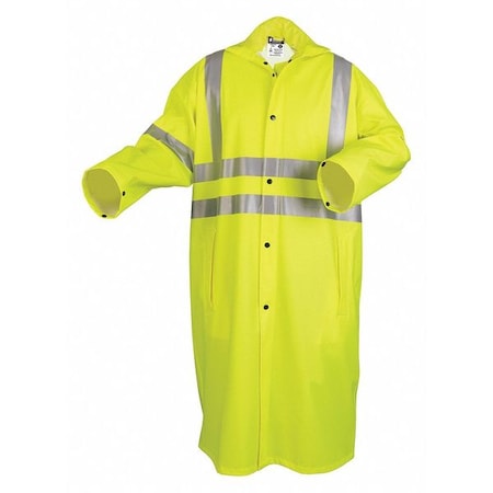Hi-Vis Long Raincoat, PU/Cotton Poly Blend Stretch, Class 3 Type R, Fluorescent Lime, 2XL