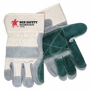 Leather Gloves, Cotton Canvas, Safety Cuff, Wing Thumb, Gray and Green Palm, Natural Back, L, 12 PK