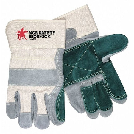 Leather Gloves, Cotton Canvas, Safety Cuff, Wing Thumb, Gray and Green Palm, Natural Back, L, 12 PK