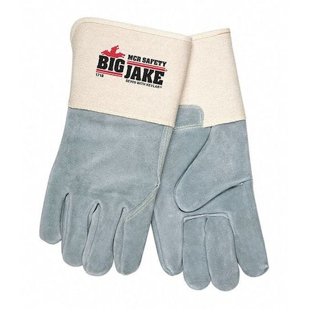 Leather Gloves, Cowhide, Gauntlet Cuff, Wing Thumb, Full Finger, Gray, XL, 12 PK