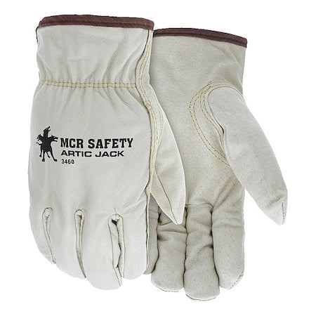 Leather Gloves, Grain Pigskin Leather Palm, Shirred Slip-On Cuff, Beige, 12 PK