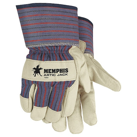 Leather Gloves, Pigskin Palm, Safety Cuff, Beige Palm, Blue and Red Stripped Back, 12 PK