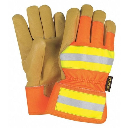 Hi-Vis Cold Protection Gloves, Pigskin Palm, Safety Cuff, Tan, 12 PK