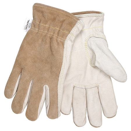 Leather Drivers Gloves, Cowhide, Shirred Slip-On, Keystone Thumb, Gunn Cut, Beige / Brown, L 12 PK
