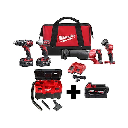 M18 2-Gallon Wet/Dry Vacuum + M18 XC5.0 Battery + M18 Cordless LI-ION 4-Tool Combo Kit
