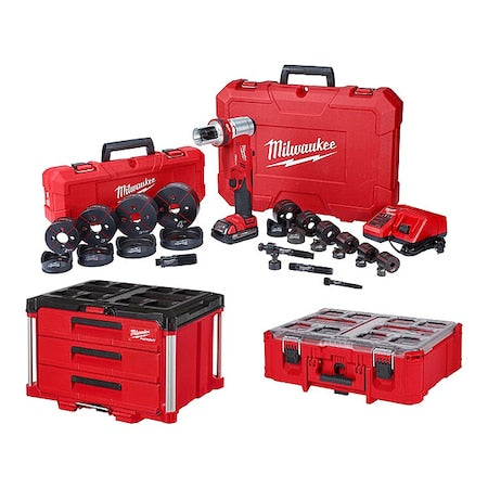 M18 FORCE LOGIC 6T Knockout Tool 1/2" - 4" Kit + PACKOUT 3-Drawer Tool Box + PACKOUT Deep Organizer