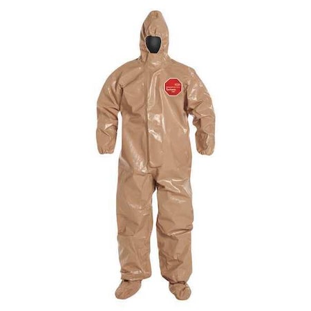 Chemical Resistant Coveralls, Hooded, 3XL, Tychem(R) 5000, Elastic Wrist, Attached Socks Ankle, Tan