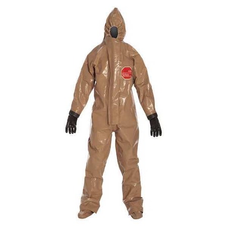 Respirator Fit Hood. Attached Gloves, Butyl mil spec. Double Storm Flap with Hook, Loop Closure. Double Tan. 4X