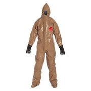 Respirator Fit Hood. Attached Gloves, Butyl mil spec. Double Storm Flap with Hook, Loop Closure. Double Tan. 2X