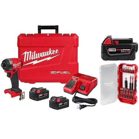 SHOCKWAVE Impact Duty Driver Bit Set -18PC + M18 FUEL 1/4" Hex Impact Driver Kit + M18 XC5.0 Battery