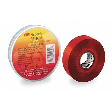 Vinyl Electrical Tape, 35, Scotch, 3/4 in W x 66 ft L, 7 mil thick, Red, 1 Pack