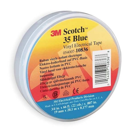Vinyl Electrical Tape, 35, Scotch, 3/4 in W x 66 ft L, 7 mil thick, Blue, 1 Pack