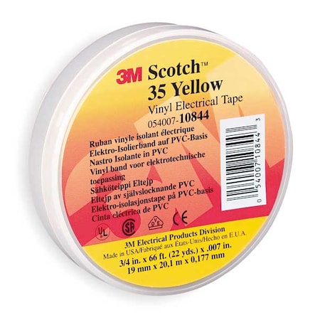 Vinyl Electrical Tape, 35, Scotch, 3/4 in W x 66 ft L, 7 mil thick, Yellow, 1 Pack