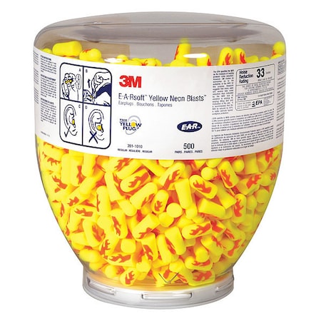 E-A-Rsoft Yellow Neons One Touch Ear Plugs with Dispenser, Foam, Bullet, 33 dB NRR, Uncorded