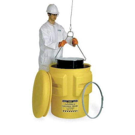 Open Head Salvage Drum, Polyethylene, 65 gal, Unlined, Yellow
