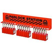 Padlock Station, Unfilled, Holds 18 Padlocks, 3 in H x 17.5 in W, English/French/Spanish, Red